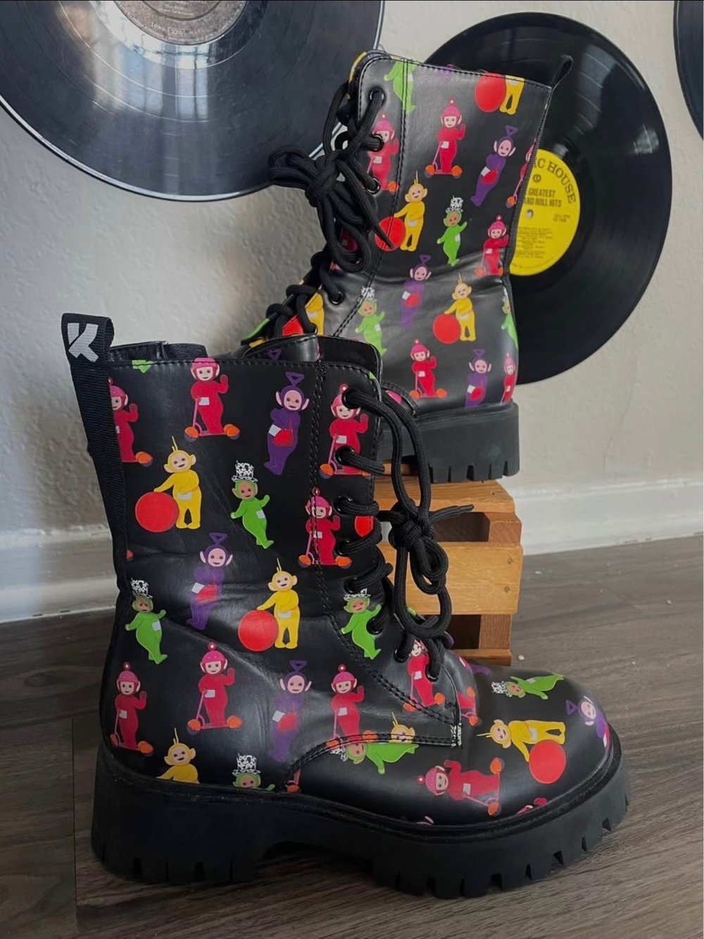 Black Patterned Lace-Up Boots with Colorful Characters